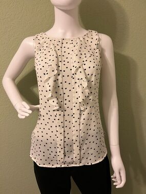 LOFT Cream and Black Polka Dot Ruffled Sleeveless Top